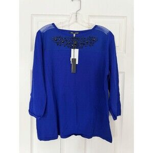 NEW Cable and Gauge black gemstone beaded mesh women’s blue sweater shirt top XL